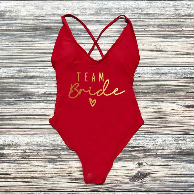 S-3XL Gold Print Team Bride One-Piece Swimsuit Squad Women Swimwear Sexy Padded Bachelorette Party Bathing Suit Summer Beachwear